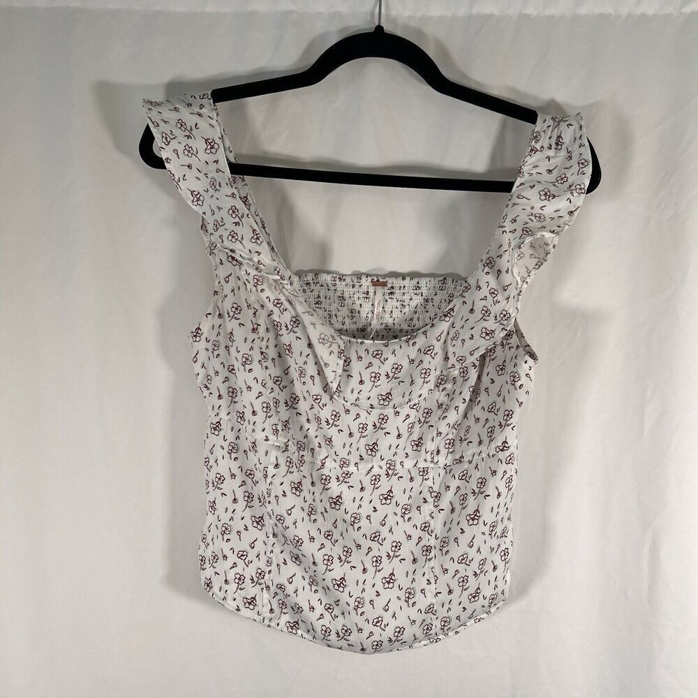 Free People Blouse Women's Medium White Sleeveless Smocked Round Neck Side Zip